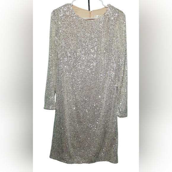Eliza J Silver Sequin Long Sleeve Dress EUC PTP 19 Length 32 - Picture 2 of 4